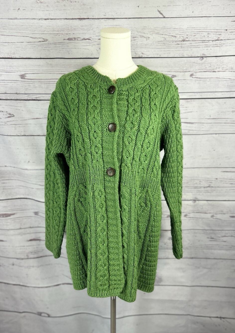 Aran Woollen Mills Sage Green Merino Wool Cable Knit Cardigan Ireland Large